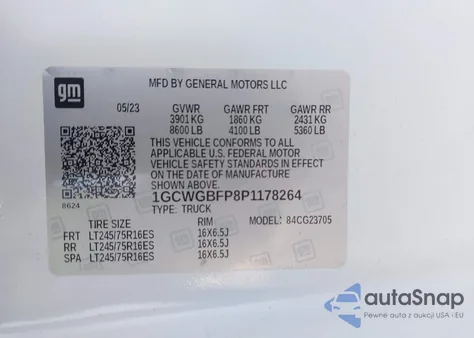 2023 Chevrolet Express Cargo Rwd 2500 Extended Wheelbase Wt z USA, uszkodzony, nr VIN 1GCWGBFP8P1178264